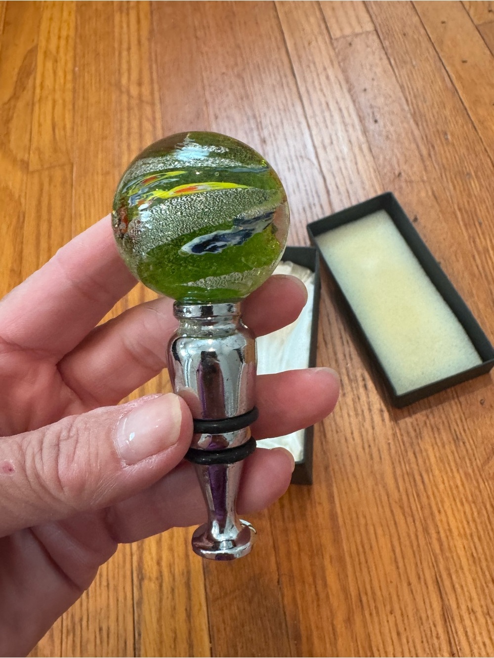 Murano Art Glass Wine Bottle Stopper Italy Multicolor Swirls Green Blue Yellow